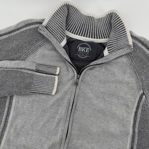 BKE Mens Grey Full Zip Ribbed Mock Neck Knit Sweater Jacket Standard Fit Medium‎